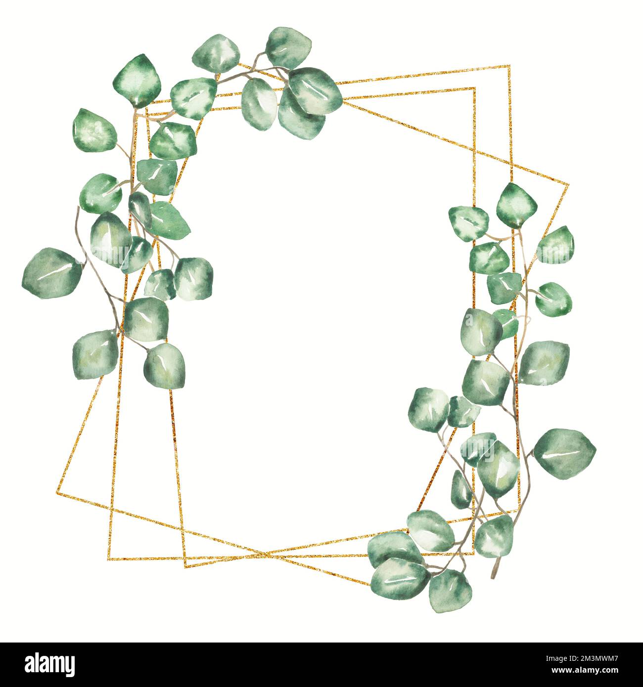Illustration cadre vert aquarelle. Feuilles d'eucalyptus vert et cadre doré. Invitation de mariage. Clipart de feuillage. Arrangement floral. Modèle de carte Banque D'Images