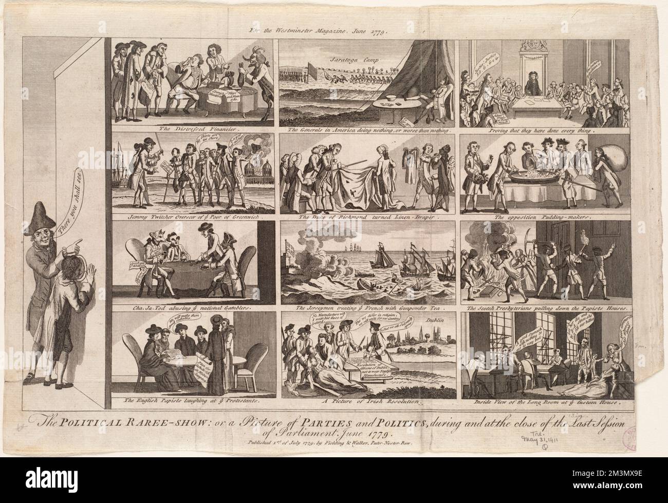 Le raree-show politique: Ou une image des partis et de la politique, pendant et à la fin de la dernière session du Parlement, juin 1779, politique et gouvernement, Commerce, Peepshows, États-Unis, Histoire, Révolution, 1775-1783, Burgoyne, John, 1722-1792, Nord, Frederick, Seigneur, 1732-1792, Howe, William Howe, Viscount, 1729-1814, Sandwich, John Montagu, comte de, 1718-1792, Burke, Edmund, 1729-1797, Fox, Charles James, 1749-1806 Banque D'Images