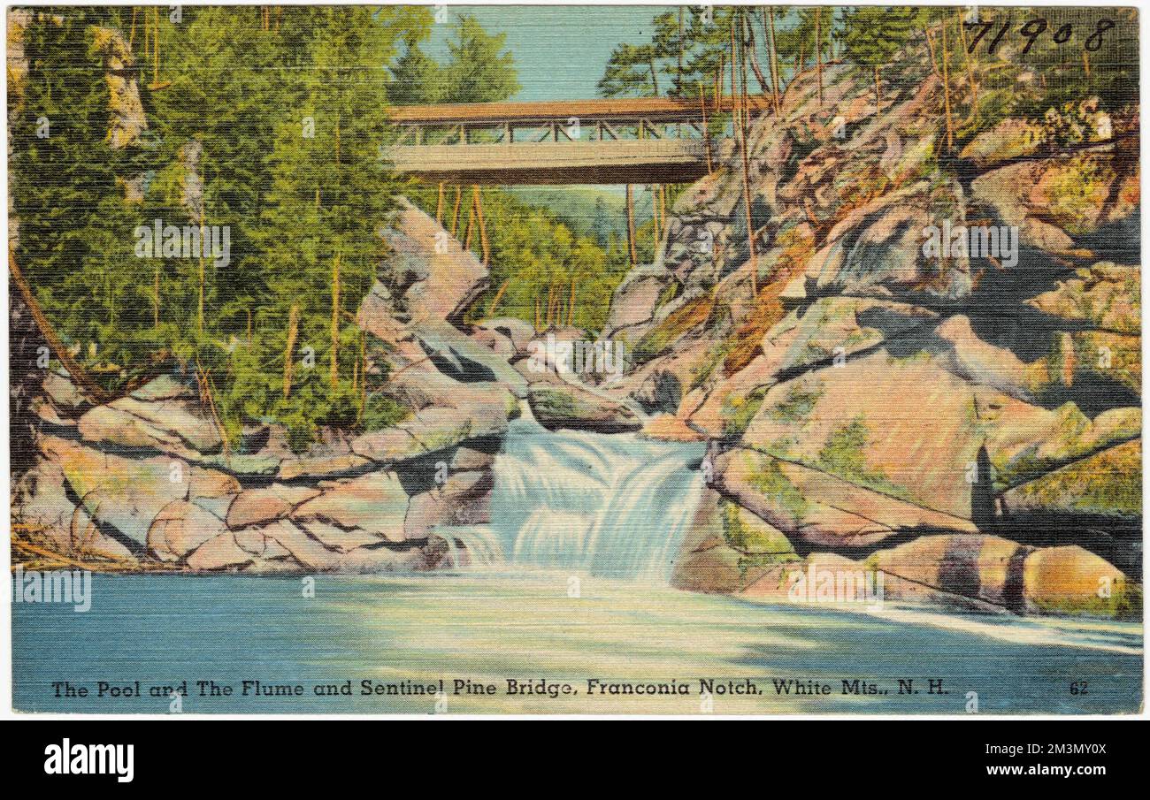 La piscine et le Flume et Sentinel Pine Bridge, Franconia Notch, White MTS., N.H. , Bridges, Waterfall, Tichnor Brothers Collection, cartes postales des États-Unis Banque D'Images