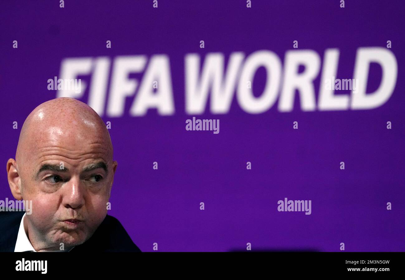 Gianni Infantino, président de la FIFA, lors d'une conférence de presse au Centre principal des médias, à Doha, au Qatar. Date de la photo: Vendredi 16 décembre 2022. Banque D'Images