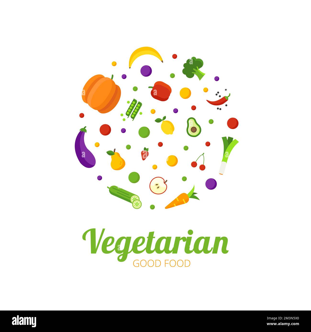 Concept végétarien de bon aliment. Un cercle alimentaire sain avec différentes icônes de fruits et de légumes. Logo abstrait pour boutique bio, café végétarien Illustration de Vecteur