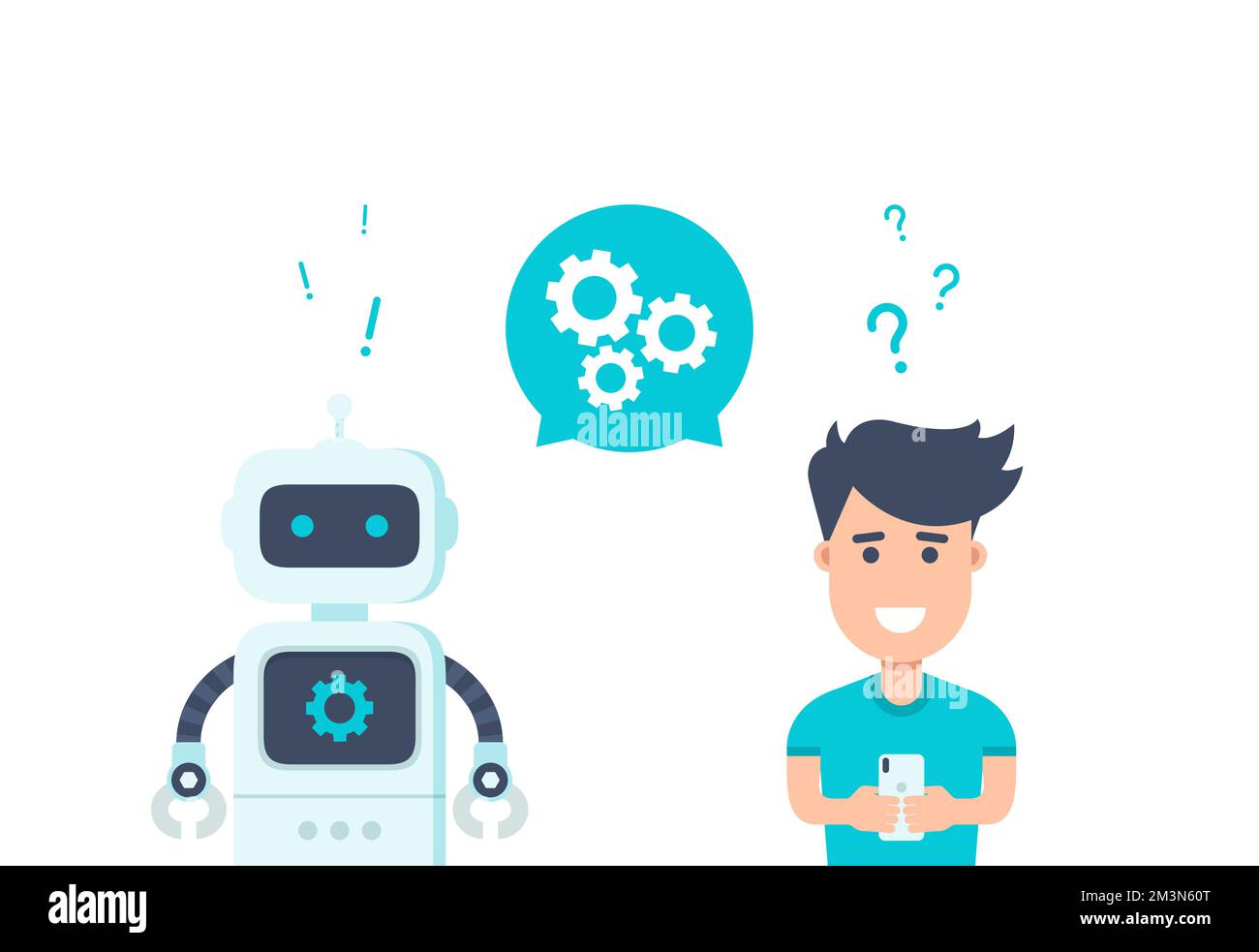 Concept Chatbot. Robot de service client. Homme discutant avec chat bot. L'utilisateur pose la question au robot et obtient une réponse. Illustration vectorielle Illustration de Vecteur