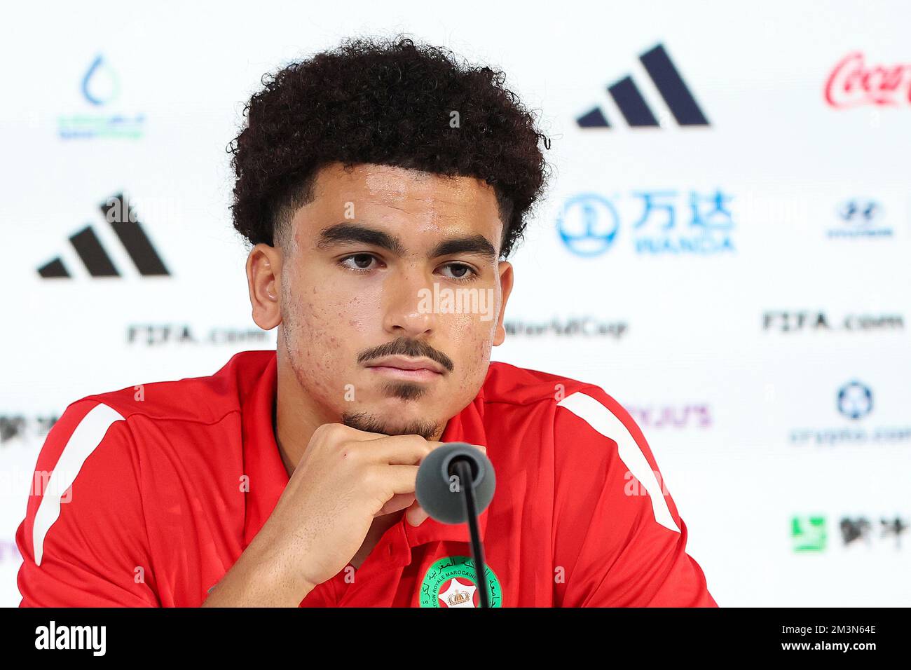 Doha, Qatar. 16th décembre 2022. Le joueur Zakaria Aboukhlal lors de la conférence de presse de l'équipe nationale marocaine de football à la veille du match pour la troisième place entre la Croatie et le Maroc à la coupe du monde au Qatar, au Centre national des congrès du Qatar, QNCC, Doha, Qatar, on 16 décembre, 2022, photo: Goran Stanzl/PIXSELL crédit: Pixsell/Alay Live News Banque D'Images