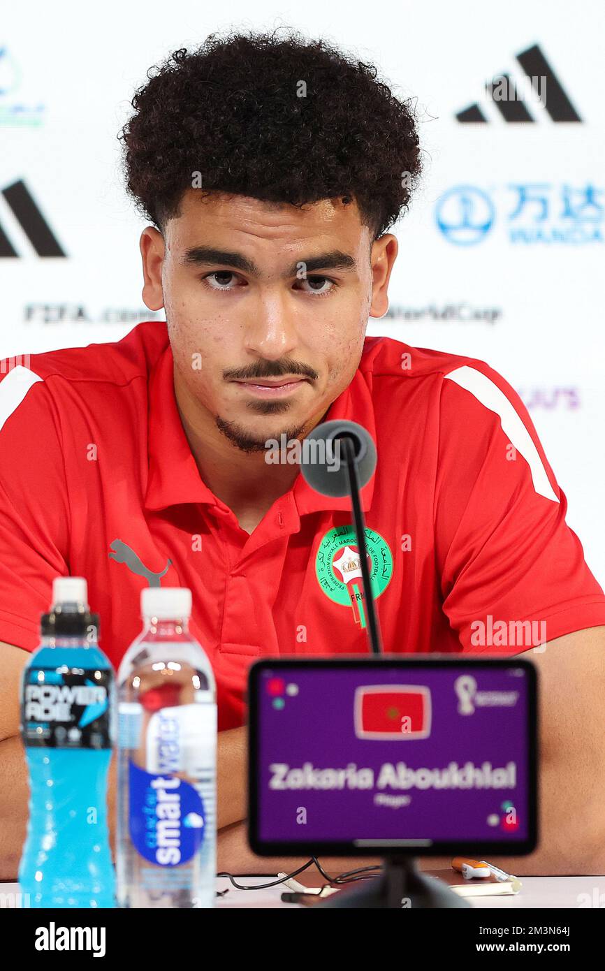 Doha, Qatar. 16th décembre 2022. Le joueur Zakaria Aboukhlal lors de la conférence de presse de l'équipe nationale marocaine de football à la veille du match pour la troisième place entre la Croatie et le Maroc à la coupe du monde au Qatar, au Centre national des congrès du Qatar, QNCC, Doha, Qatar, on 16 décembre, 2022, photo: Goran Stanzl/PIXSELL crédit: Pixsell/Alay Live News Banque D'Images