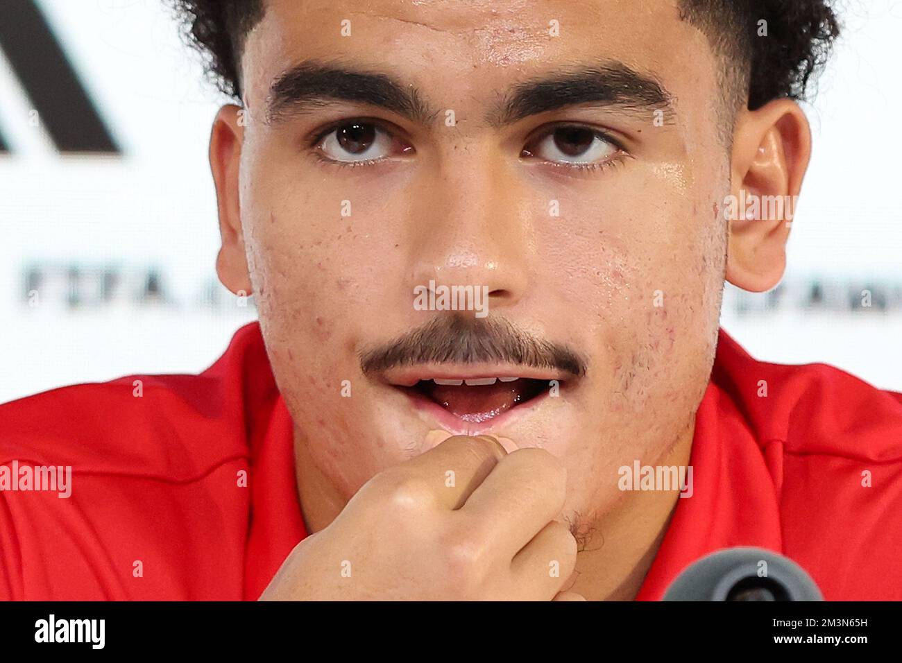Doha, Qatar. 16th décembre 2022. Le joueur Zakaria Aboukhlal lors de la conférence de presse de l'équipe nationale marocaine de football à la veille du match pour la troisième place entre la Croatie et le Maroc à la coupe du monde au Qatar, au Centre national des congrès du Qatar, QNCC, Doha, Qatar, on 16 décembre, 2022, photo: Goran Stanzl/PIXSELL crédit: Pixsell/Alay Live News Banque D'Images