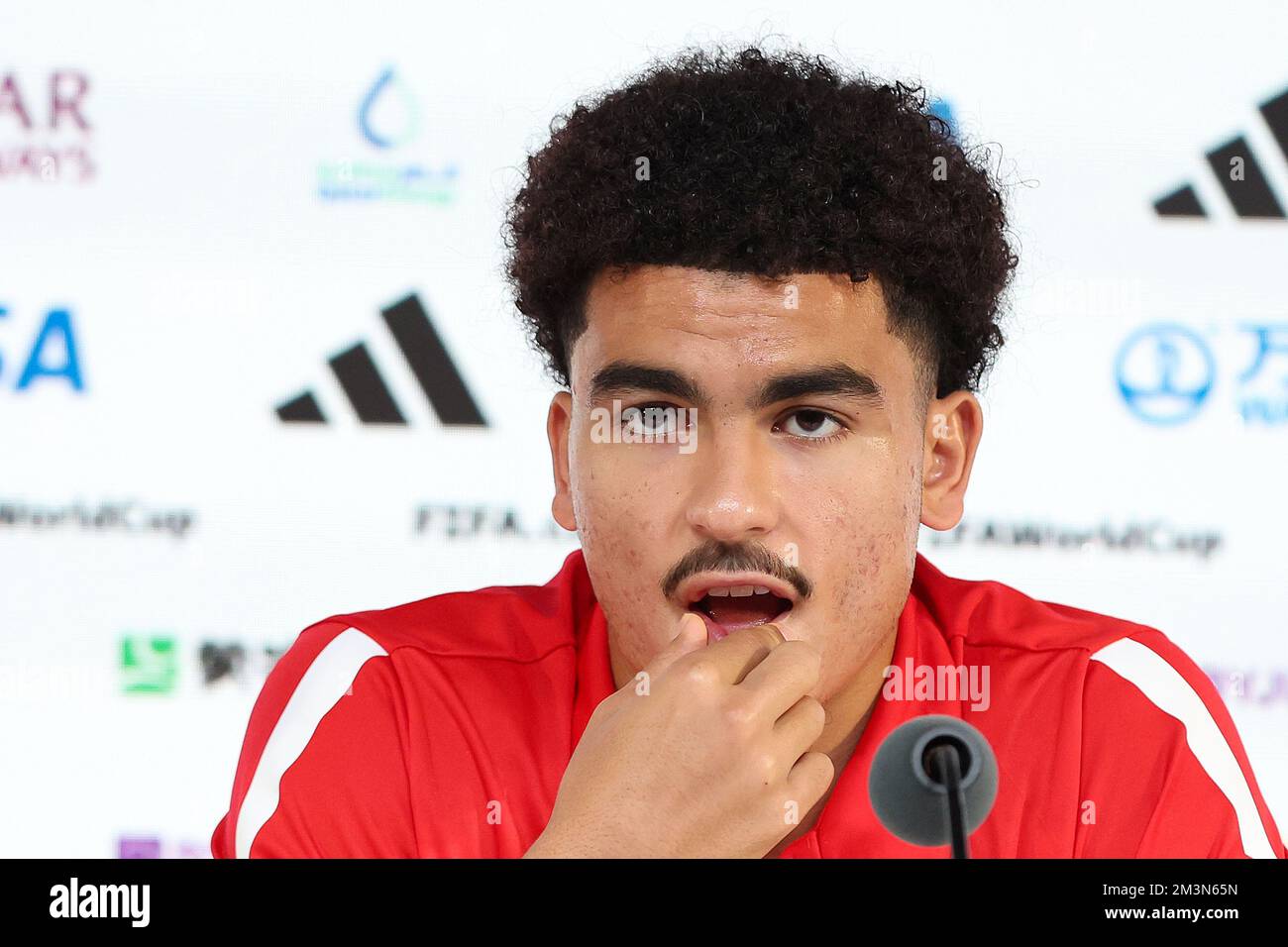 Doha, Qatar. 16th décembre 2022. Le joueur Zakaria Aboukhlal lors de la conférence de presse de l'équipe nationale marocaine de football à la veille du match pour la troisième place entre la Croatie et le Maroc à la coupe du monde au Qatar, au Centre national des congrès du Qatar, QNCC, Doha, Qatar, on 16 décembre, 2022, photo: Goran Stanzl/PIXSELL crédit: Pixsell/Alay Live News Banque D'Images