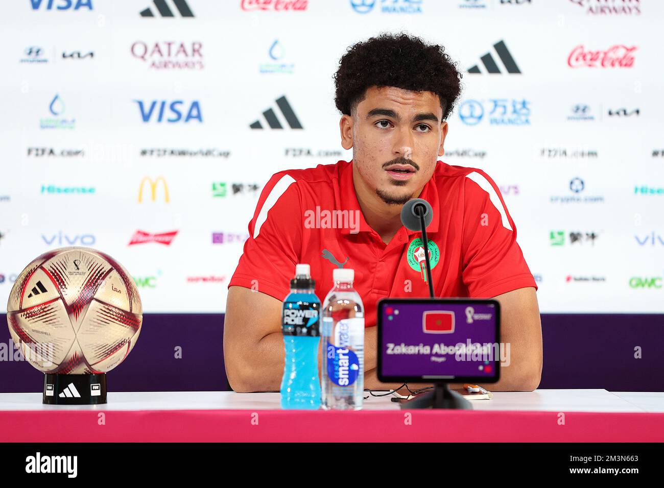 Doha, Qatar. 16th décembre 2022. Le joueur Zakaria Aboukhlal lors de la conférence de presse de l'équipe nationale marocaine de football à la veille du match pour la troisième place entre la Croatie et le Maroc à la coupe du monde au Qatar, au Centre national des congrès du Qatar, QNCC, Doha, Qatar, on 16 décembre, 2022, photo: Goran Stanzl/PIXSELL crédit: Pixsell/Alay Live News Banque D'Images