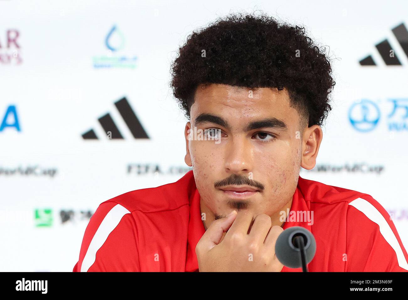 Doha, Qatar. 16th décembre 2022. Le joueur Zakaria Aboukhlal lors de la conférence de presse de l'équipe nationale marocaine de football à la veille du match pour la troisième place entre la Croatie et le Maroc à la coupe du monde au Qatar, au Centre national des congrès du Qatar, QNCC, Doha, Qatar, on 16 décembre, 2022, photo: Goran Stanzl/PIXSELL crédit: Pixsell/Alay Live News Banque D'Images