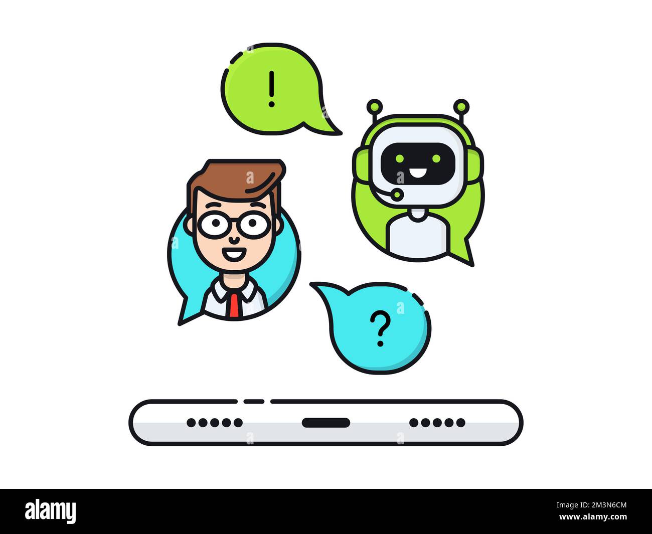 Concept Chatbot. Homme discutant avec chat bot sur smartphone. Communication mobile avec ai. L'utilisateur pose la question au robot et obtient une réponse. Icône vecteur Illustration de Vecteur