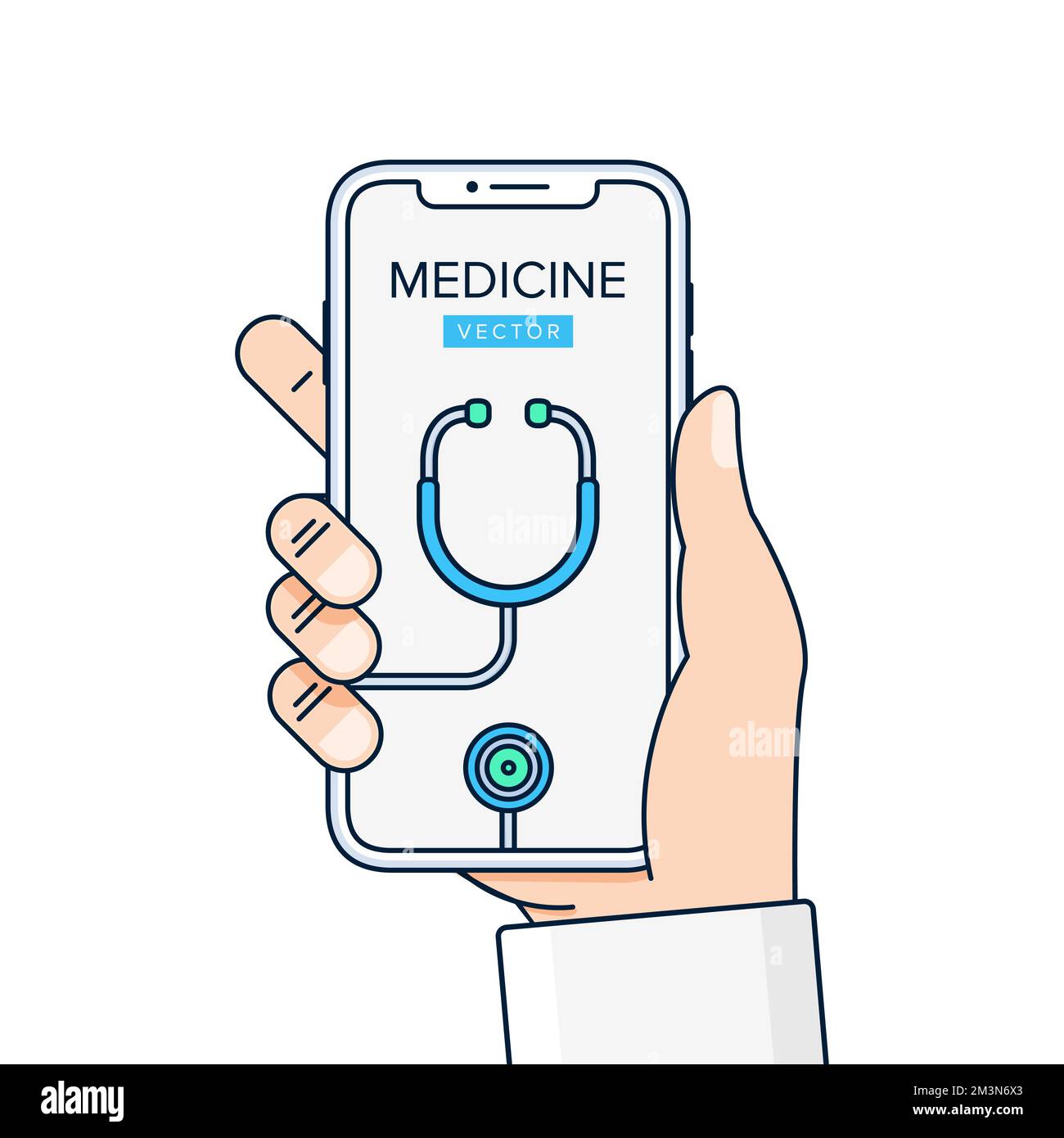 Illustration vectorielle de consultation médicale en ligne. Main du médecin tenant le smartphone avec stéthoscope à l'écran. Téléphone avec application médicale. Vecteur Illustration de Vecteur