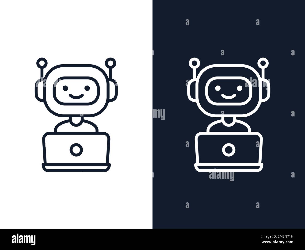 Icône de contour de Chatbot. Motif bot. Robot mignon derrière un ordinateur portable. Robot de service client souriant. Illustration vectorielle de style ligne plate isolée Illustration de Vecteur