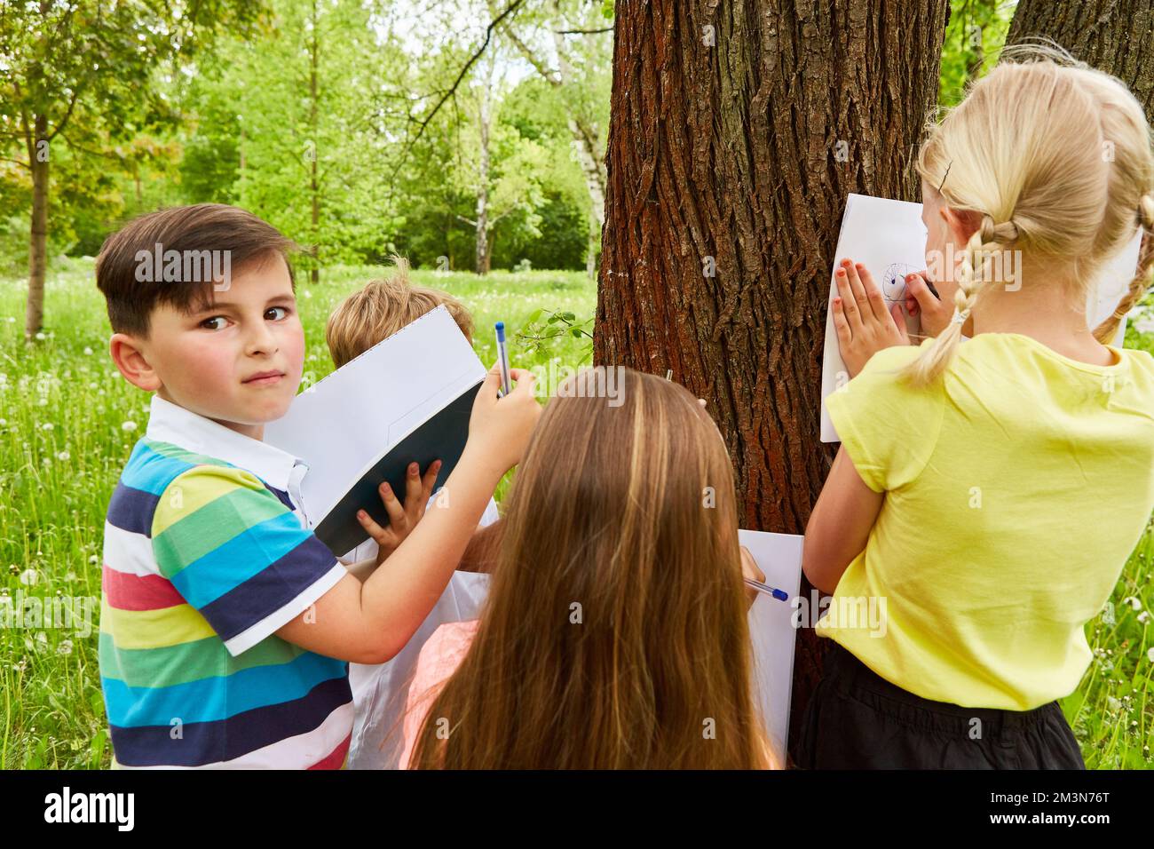 Garçons et filles multiraciaux dessinant dans des livres par arbre dans le jardin pendant les vacances d'été Banque D'Images