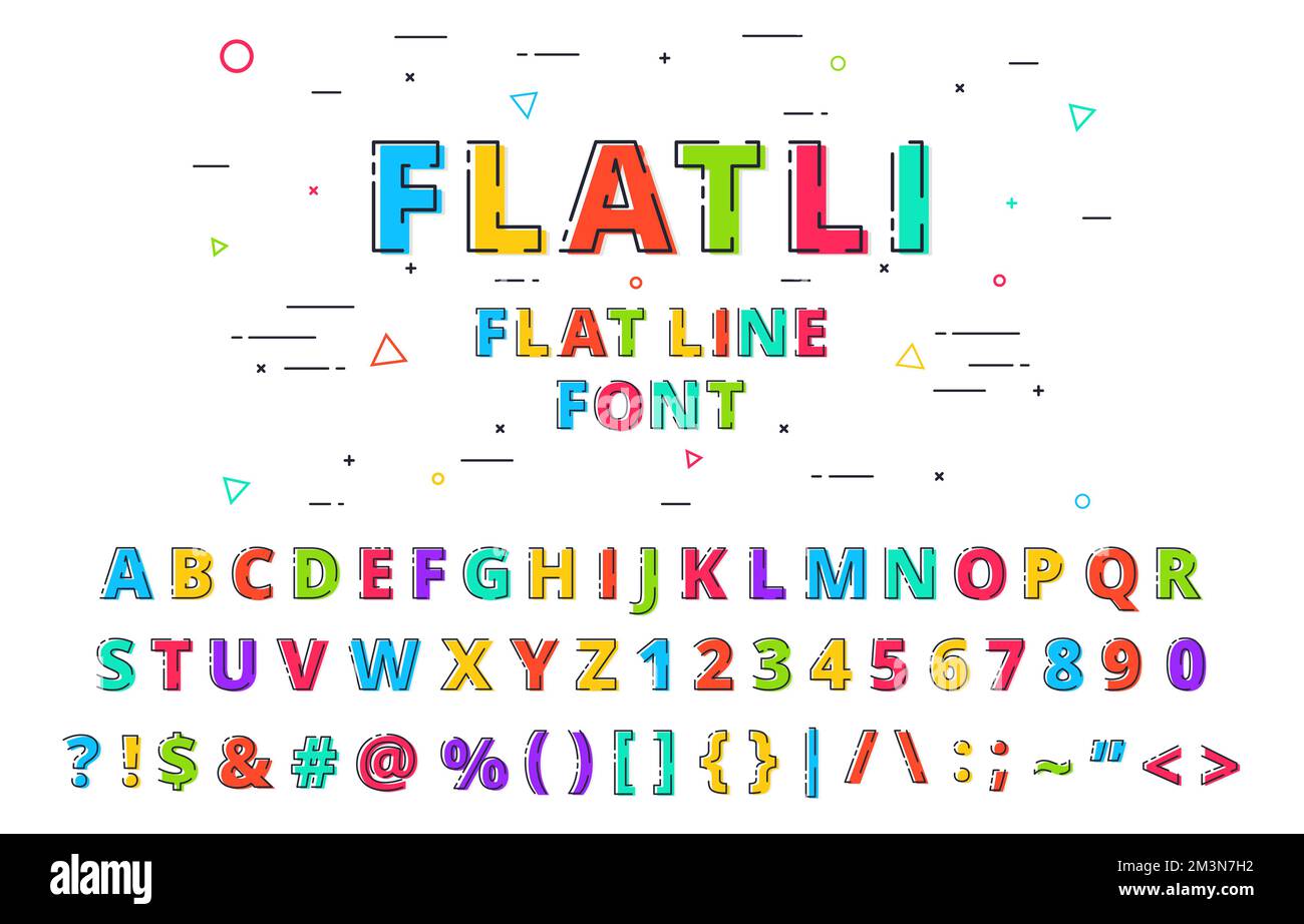 FLATLI. Police de ligne plate. Alphabet latin, chiffres, symboles. Jolie police moderne et audacieuse avec symboles majuscules. Illustration vectorielle Illustration de Vecteur