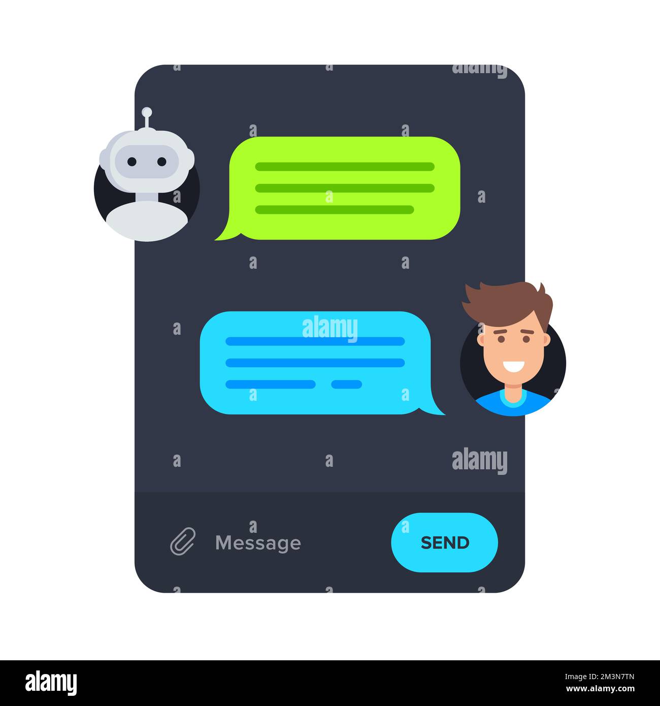 Concept Chatbot. Dessin vectoriel de messager de dessin animé. Homme discutant avec le robot dans l'application Messenger. Illustration vectorielle de style plat Illustration de Vecteur