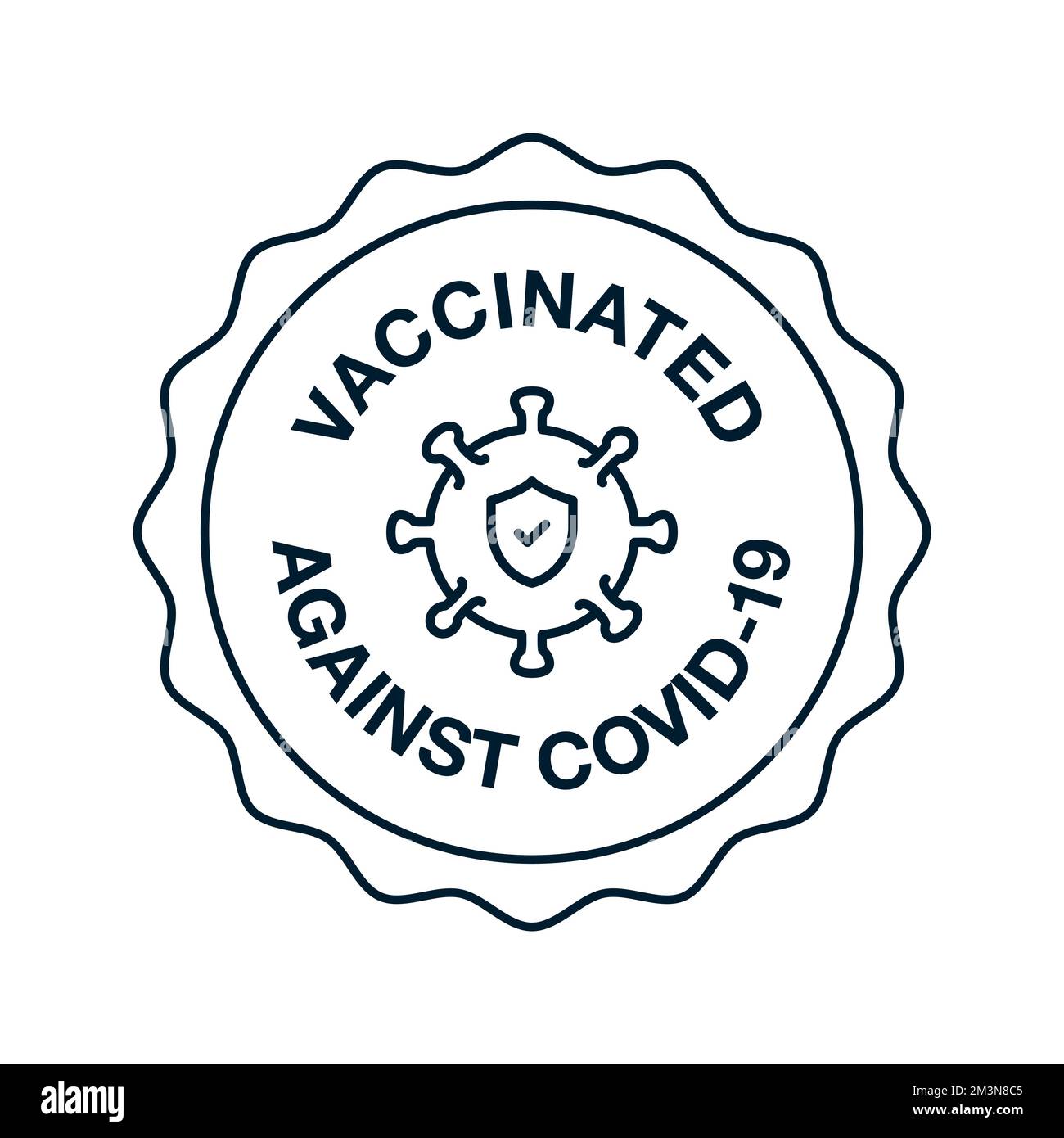 Badge de vaccination avec citation — vacciné contre Covid-19. Autocollant du vaccin contre le coronavirus contenant des bactéries covides et un bouclier avec une coche à l'intérieur Illustration de Vecteur