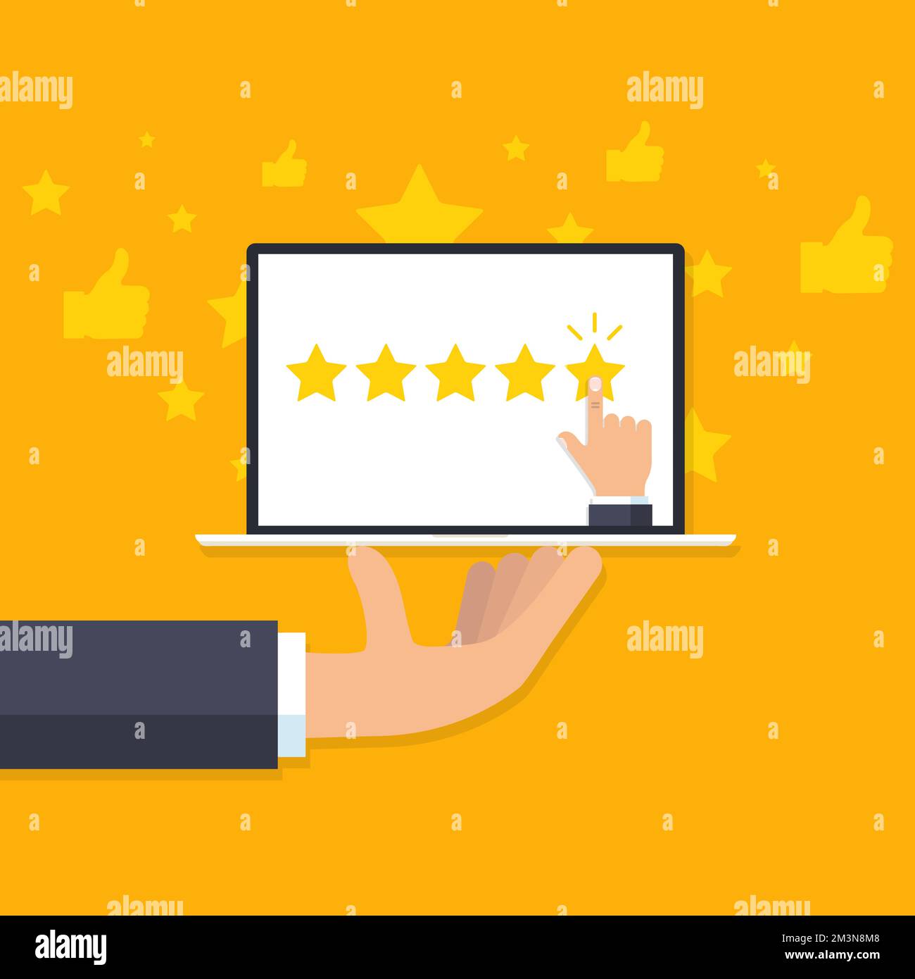 Concept de rétroaction du restaurant. La main du garçon tient un ordinateur portable avec une main qui donne cinq étoiles. Système d'évaluation ou réputation et qualité du restaurant. Vecteur Illustration de Vecteur