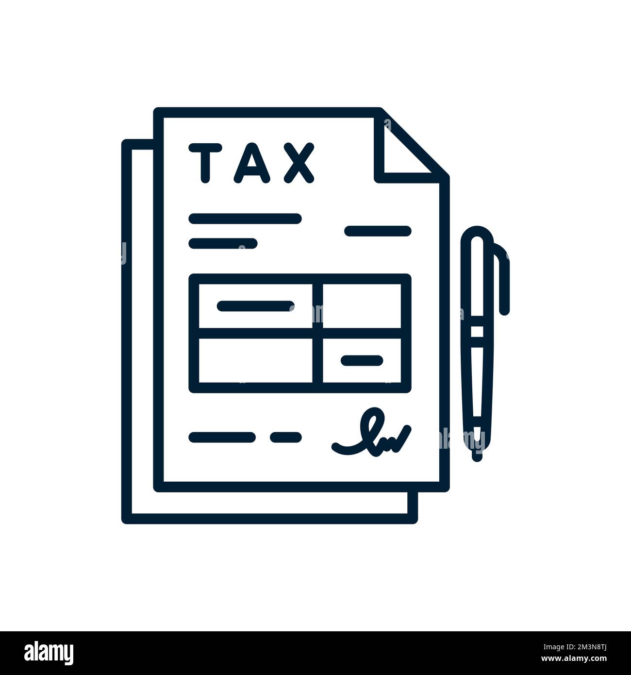Documents de formulaire de déclaration de revenus avec signature. Icône de formulaire de taxe rempli et signé. Fichiers de formulaire de taxe avec stylo. Icône de ligne plane vectorielle Illustration de Vecteur