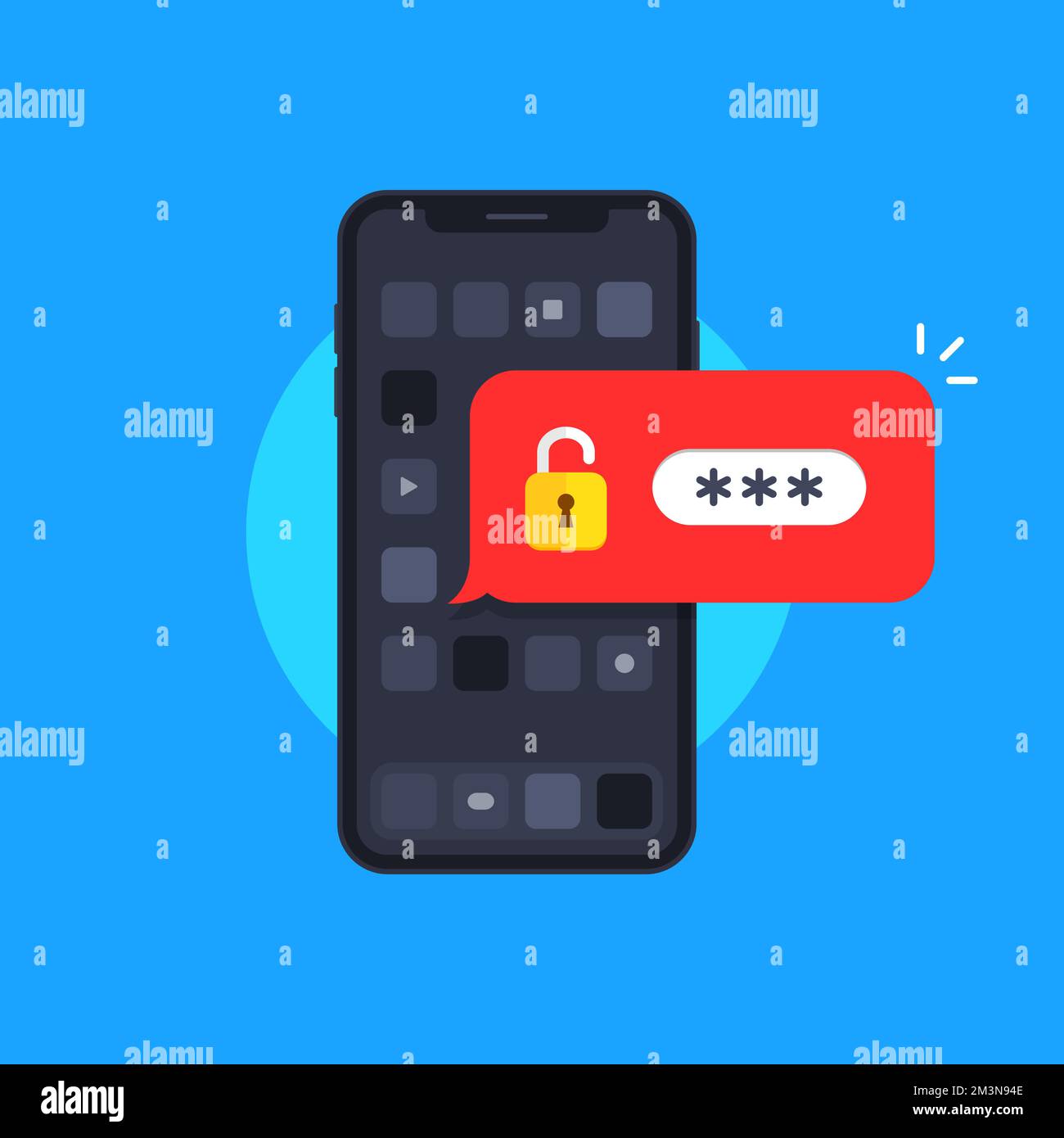 Illustration du mot de passe du smartphone. Téléphone mobile avec notification de bulle de mot de passe déverrouillé. Téléphone avec application verrouillée à l'écran. Illustration vectorielle Illustration de Vecteur