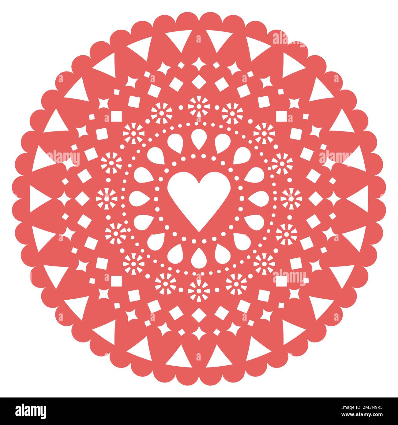 Love, Valentine's Day papier découpé autour décoration mandala Papel Picado vecteur rouge design avec coeur et fleurs, guirlande de fête mexicaine Illustration de Vecteur