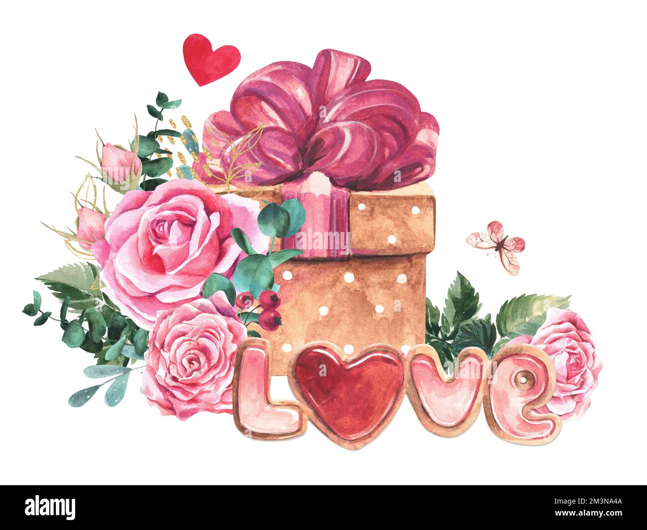 Composition en coin des roses, des branches d'eucalyptus, des éléments dorés et une boîte cadeau. Illustration aquarelle sur fond blanc. Banque D'Images