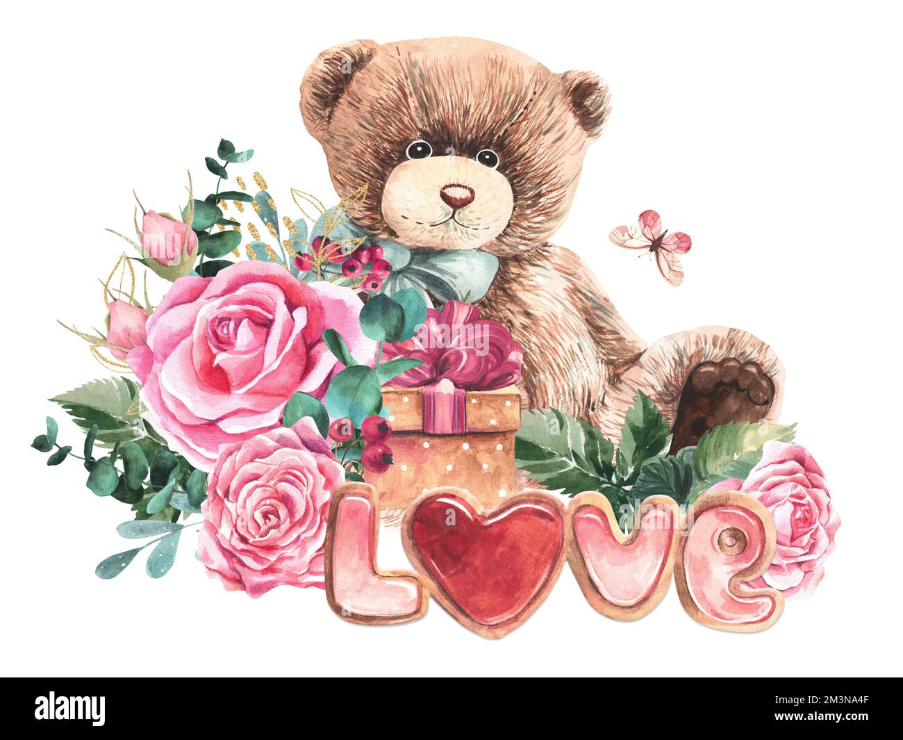 Composition d'ours mou, de roses, de branches d'eucalyptus, d'éléments dorés et d'une boîte cadeau. Illustration aquarelle sur fond blanc. Carte postale romantique. Banque D'Images