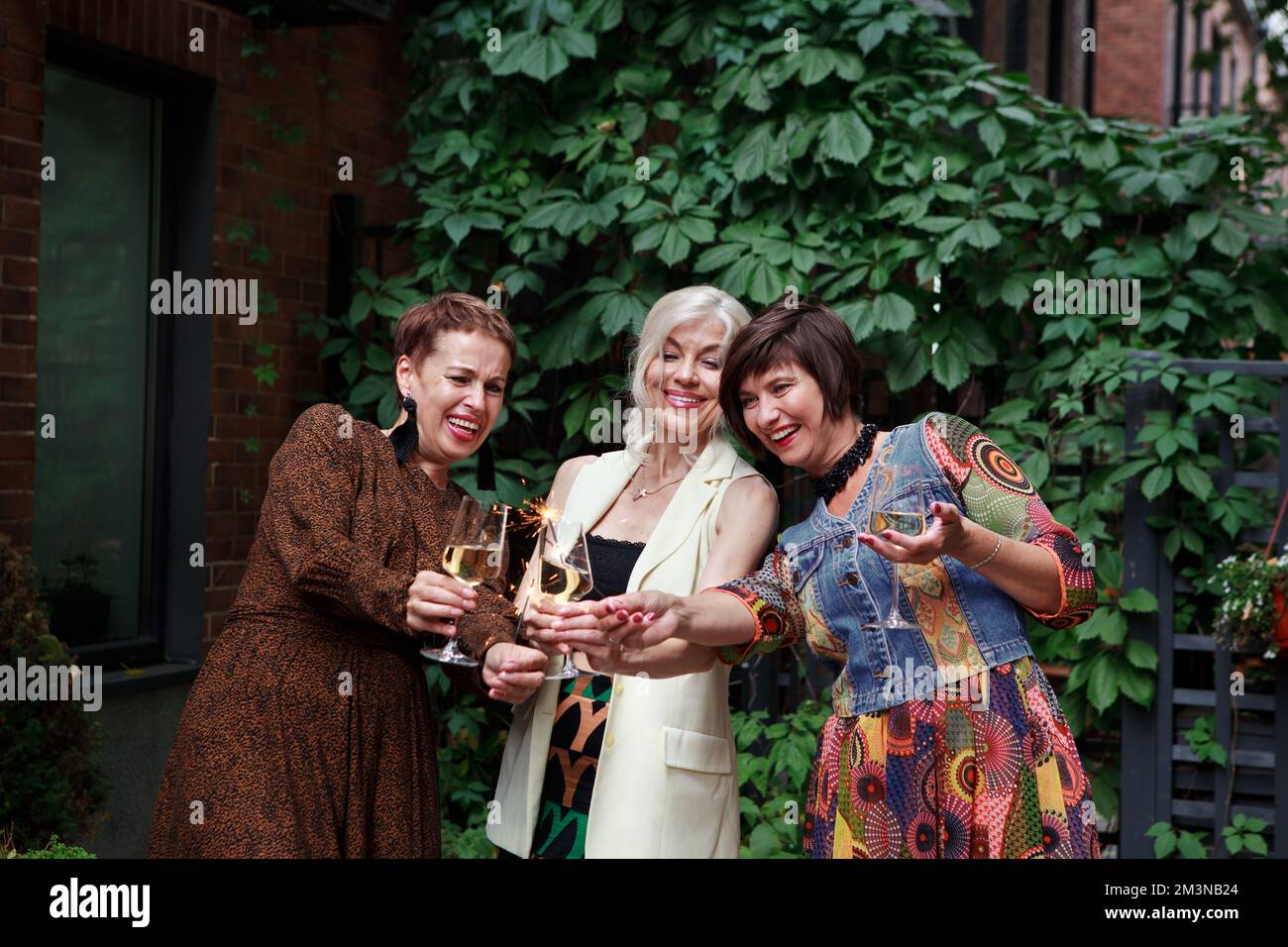 Les femmes matures fêtent et rient, tiennent des spapers et des verres de vin d'alcool ou de champagne sur la fête en plein air Banque D'Images