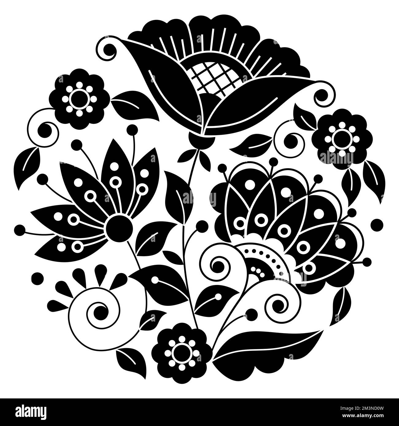 Motif mandala vectoriel d'art populaire suédois avec fleurs, feuilles et tourbillons noirs et blancs inspirés de la broderie traditionnelle scandinave Illustration de Vecteur
