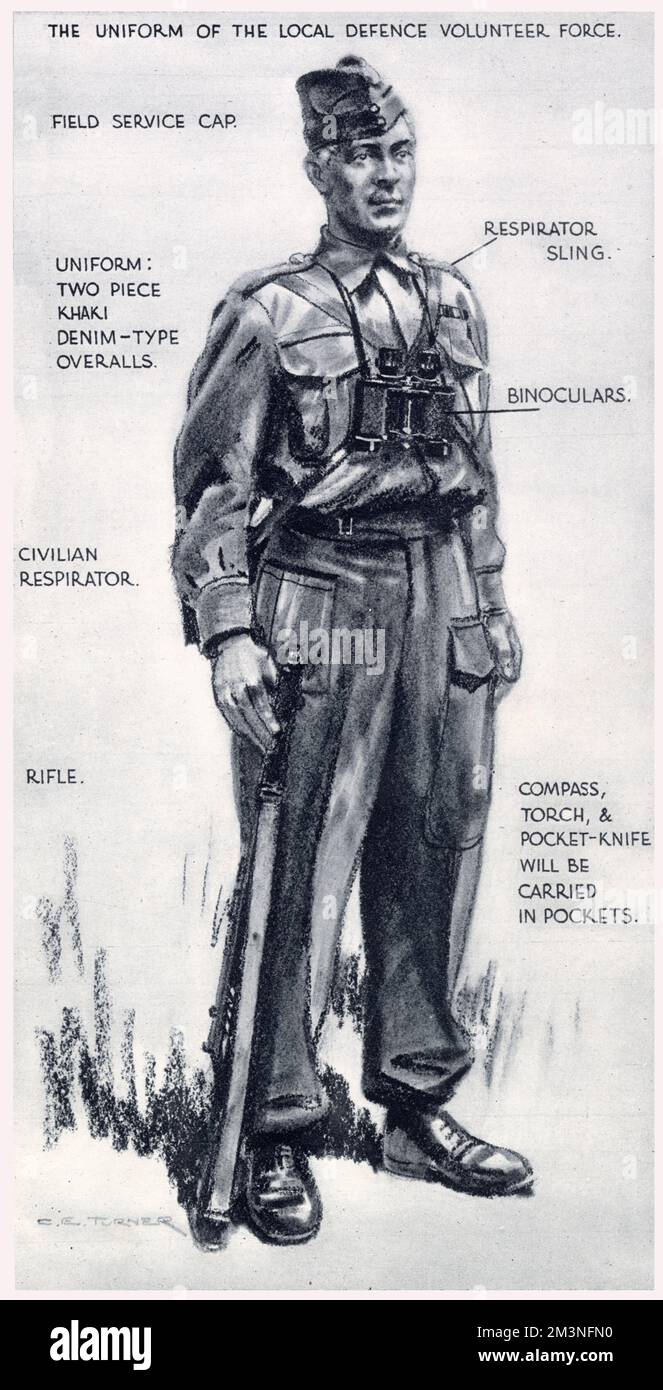 L'uniforme de la Force locale de défense volontaire, établie pour défendre la Grande-Bretagne contre l'invasion prévue par les parachutistes allemands. L'uniforme fourni par le War Office était un vêtement de deux pièces en denim kaki, avec une casquette en tissu de service sur le terrain. Banque D'Images