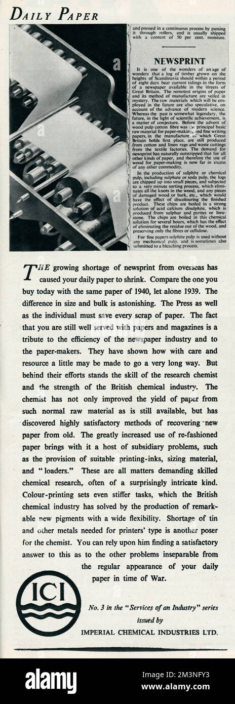 Publicité pour Imperial Chemical Industries ; pénurie de papier Banque D'Images
