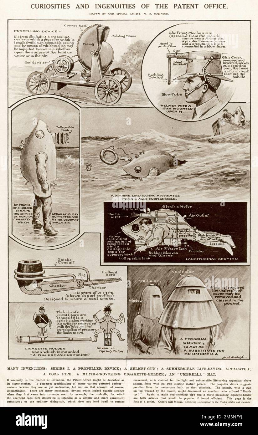 Curiosités et ingéniosité de l'Office des brevets! Il s'agit notamment d'un dispositif de popelling, d'un pistolet monté sur casque, d'un appareil submersible de sauvetage, d'un tuyau « cool », d'un porte-cigarette stimulant le mirage et d'un chapeau de parapluie !! Date: 1920 Banque D'Images