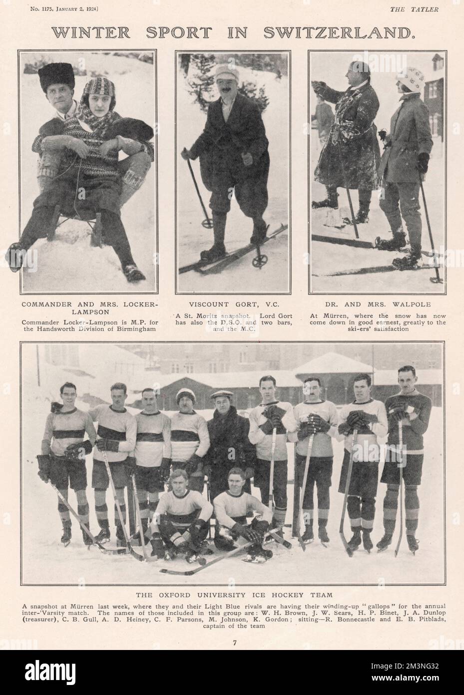 Vacanciers profitant de la saison d'hiver à Murren en Suisse. Le commandant et Mme Locker-Lampson posent sur leur traîneau tandis que le vicomte Gort et le Dr et Mme Walpole semblent heureux sur leurs skis. Ci-dessous, l'équipe de hockey sur glace de l'Université d'Oxford pose pour une photo de groupe. Date: 1924 Banque D'Images