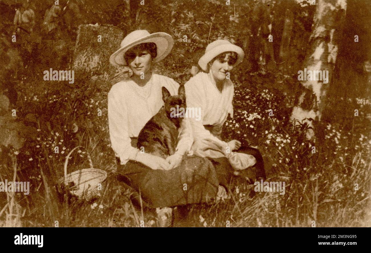 Les Grands Duchesses Tatiana et Anastasia dans un coin fleuri du parc à Tsarskoe-selo, avec leur chien de compagnie. La photographie a été prise au cours de l'été 1917, lorsque la famille impériale russe était détenue en captivité par les bolchevistes, qui les ont tous assassinés plus tard. Date: 1917 Banque D'Images
