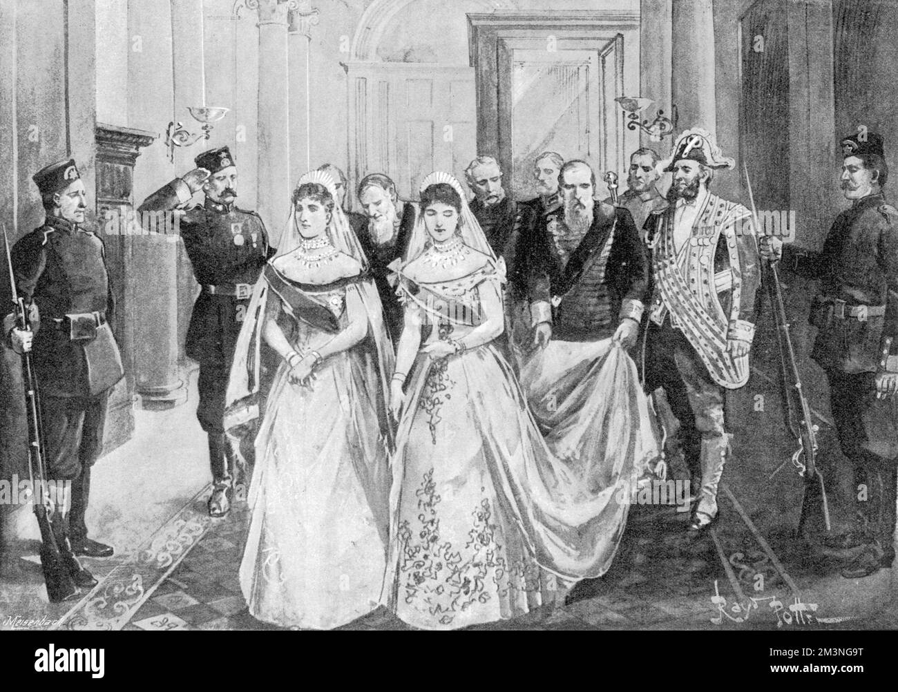 La Grande duchesse Alexandra Feodorovna, princesse Alix de Hesse, la mariée impériale, arrive au Palais d'hiver pour épouser l'empereur Nicolas II Elle est accompagnée de l'impératrice veuve, consort de l'empereur Alexandre III Date : 26th novembre 1894 Banque D'Images
