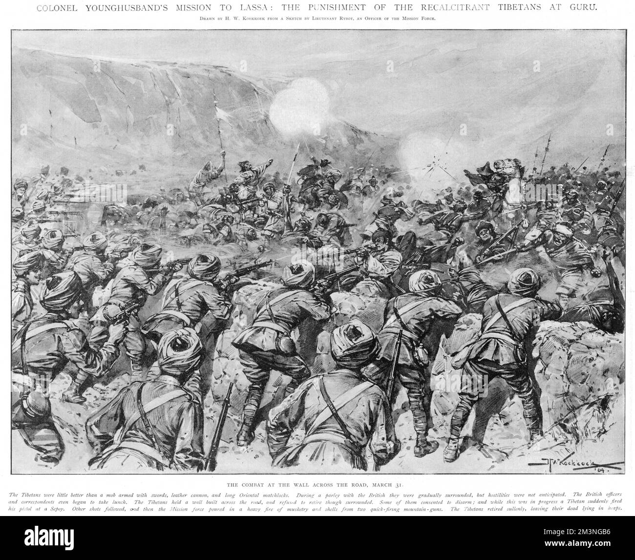 Mission du colonel Younghusband à Lassa : la punition des Tibétains récalcitrants à Guru. Les combats éclatent pendant le parley entre les Britanniques et les Tibétains. Les Tibétains étaient armés d'épées, de canons de cuir et de longues allumettes orientales, qui ne correspondaient pas à la musketerie lourde et au feu de deux canons de montagne à tir rapide. Date: 31 mars 1904 Banque D'Images