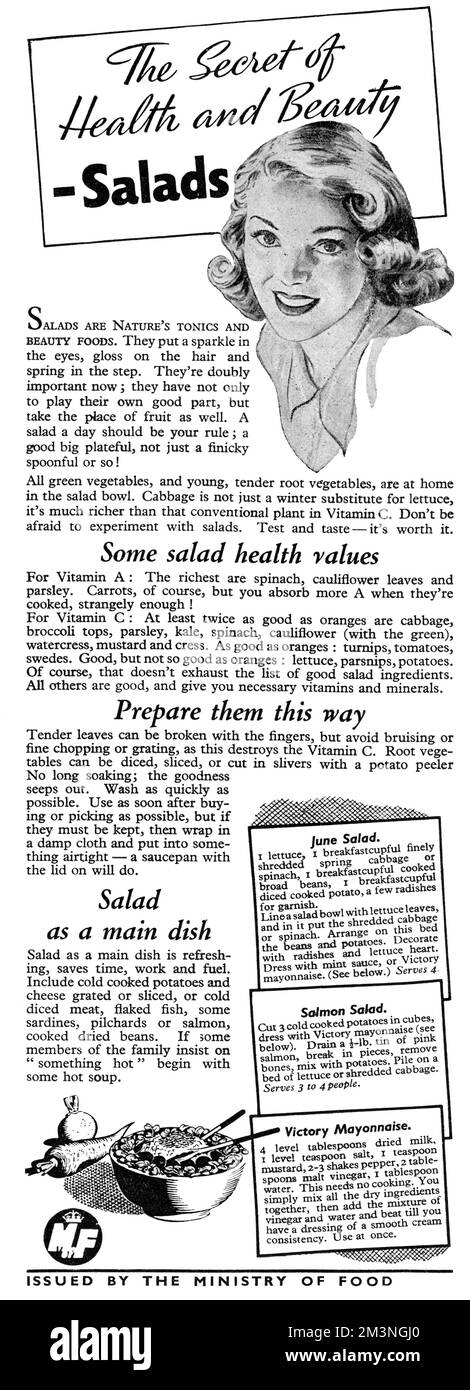 « Le secret de la santé et de la beauté - salades ». Les salades sont des nourritures de tonique et de beauté de la nature. Ils mettent un éclat dans les yeux, brillant sur les cheveux et ressort dans la marche. Ils sont doublement importants maintenant; ils doivent non seulement jouer leur propre rôle, mais aussi prendre la place des fruits. Une salade par jour devrait être votre règle; un bon grand plateau, pas seulement une cuillerée de finicky ou ainsi! Date: 1943 Banque D'Images