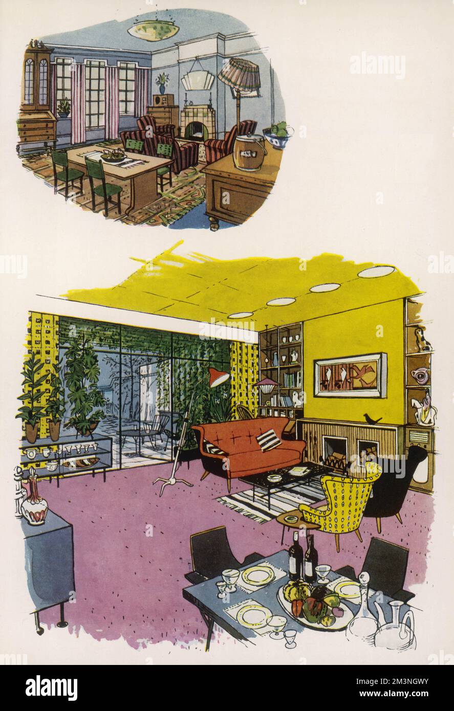 Une illustration avant et après montrant comment la dame de 1950s peut transformer son ancien salon britannique orthodoxe ennuyeux en un salon moderne, décontracté et lumineux de style californien. Parmi les suggestions figurent la fenêtre du sol au plafond pour apporter le jardin (et la lumière), le traitement frais de cheminée et des plafonniers encastrés. Date: 1954 Banque D'Images