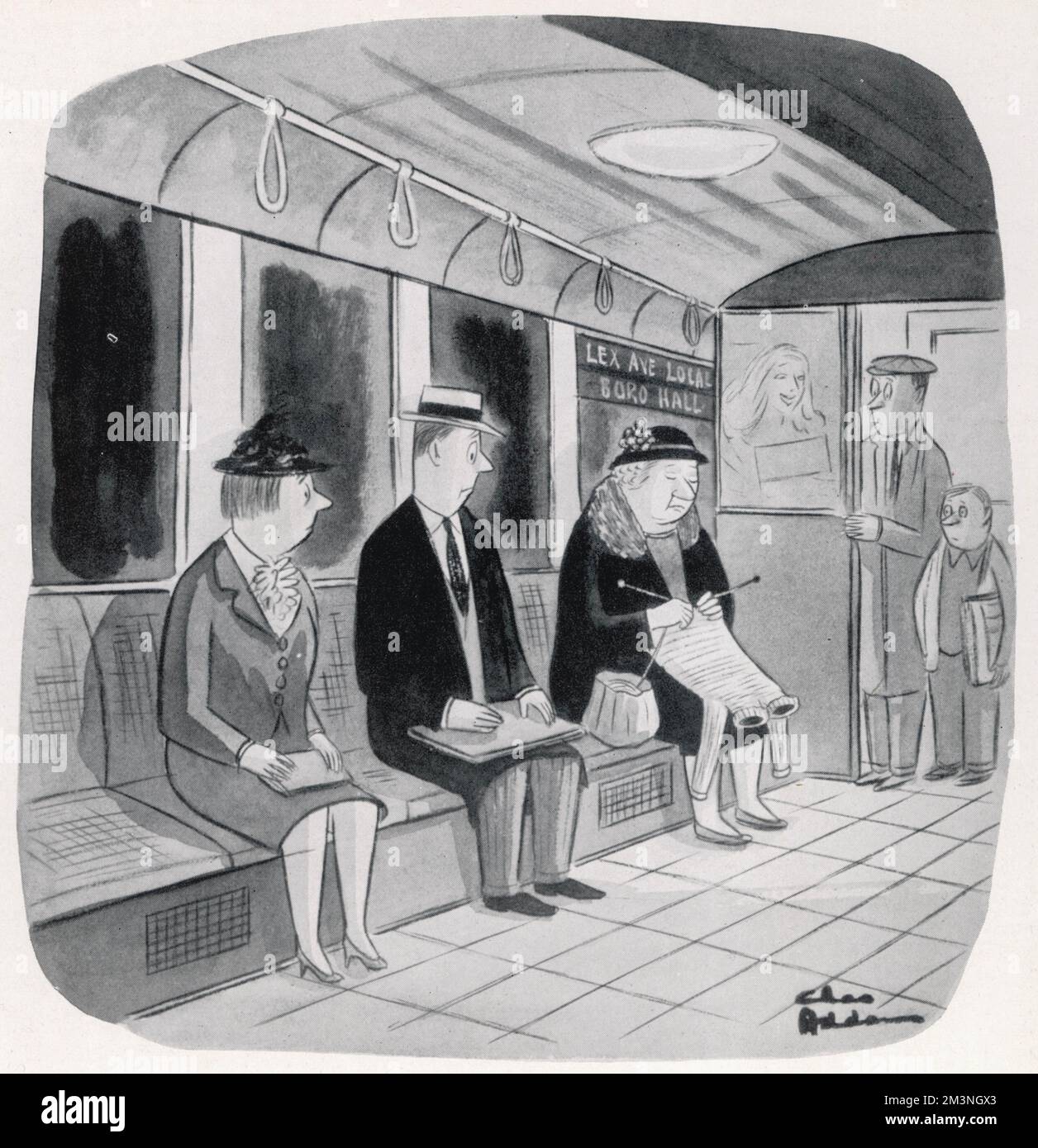 Un groupe de passagers du métro de New York s'alarment du vêtement grandissant qui apparaît des aiguilles tricotées d'une vieille dame - un chandail avec deux trous de cou. Date: 1955 Banque D'Images