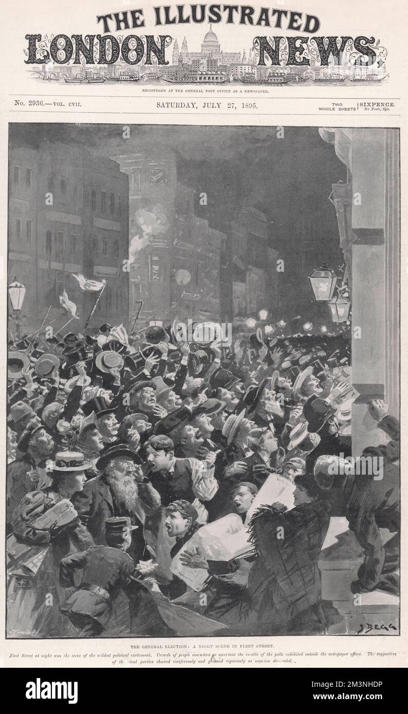 Une scène nocturne dans Fleet Street montrant des foules a attendu les résultats de l'élection générale de 1895. Sans autre moyen d'obtenir les dernières nouvelles des résultats, les foules se rassemblent à l'extérieur des bureaux de journaux et des clubs politiques pour obtenir les dernières informations. Date: 1895 Banque D'Images