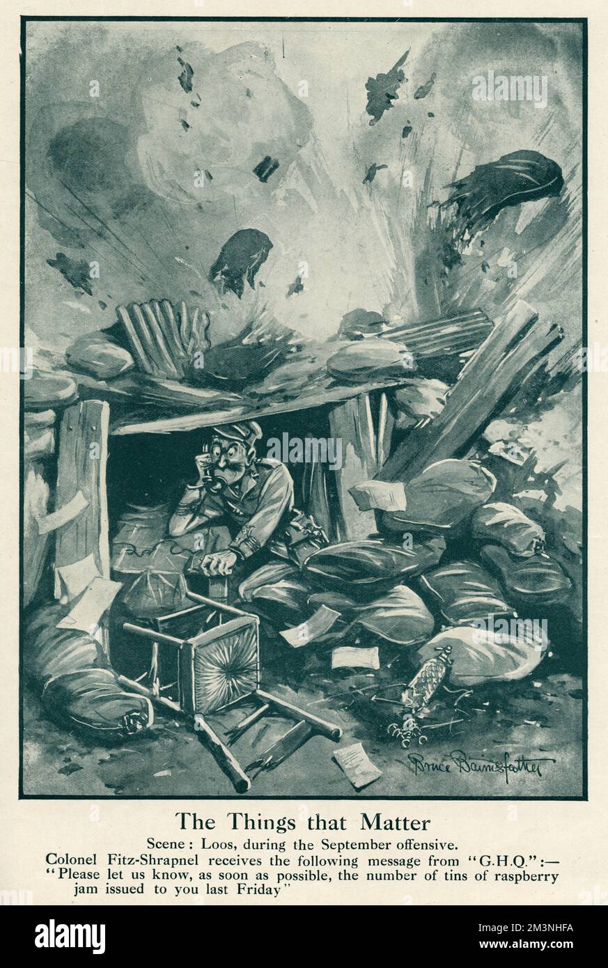 Le colonel Fitz-Shrapnel reçoit le message suivant de G. H. Q' 'Veuillez nous faire savoir, Dès que possible, le nombre de boîtes de confiture de framboises qui vous a été délivré vendredi dernier.'' Date: 1915 Banque D'Images