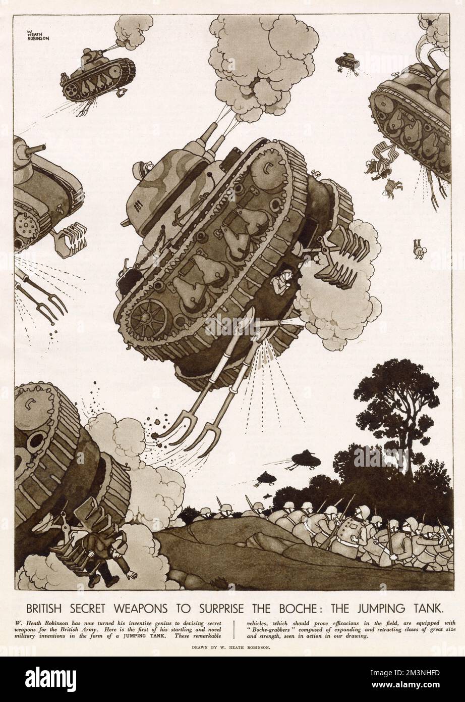 Invention militaire de William Heath Robinson pour surprendre l'ennemi. Les réservoirs de saut, 'Boche-Grabbers' composés de griffes en expansion et en rétraction de grande taille et force. Date: 1940 Banque D'Images