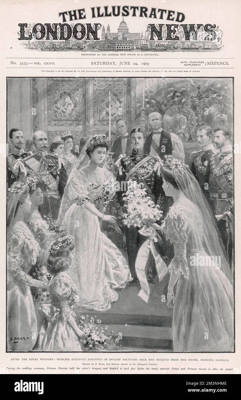 Le mariage royal du prince Gustaf Adolf de Suède et de la princesse Margaret de Connaught. Après la cérémonie, la princesse reprend son bouquet de sa sœur, la princesse Patricia. 15th juin 1905 Banque D'Images