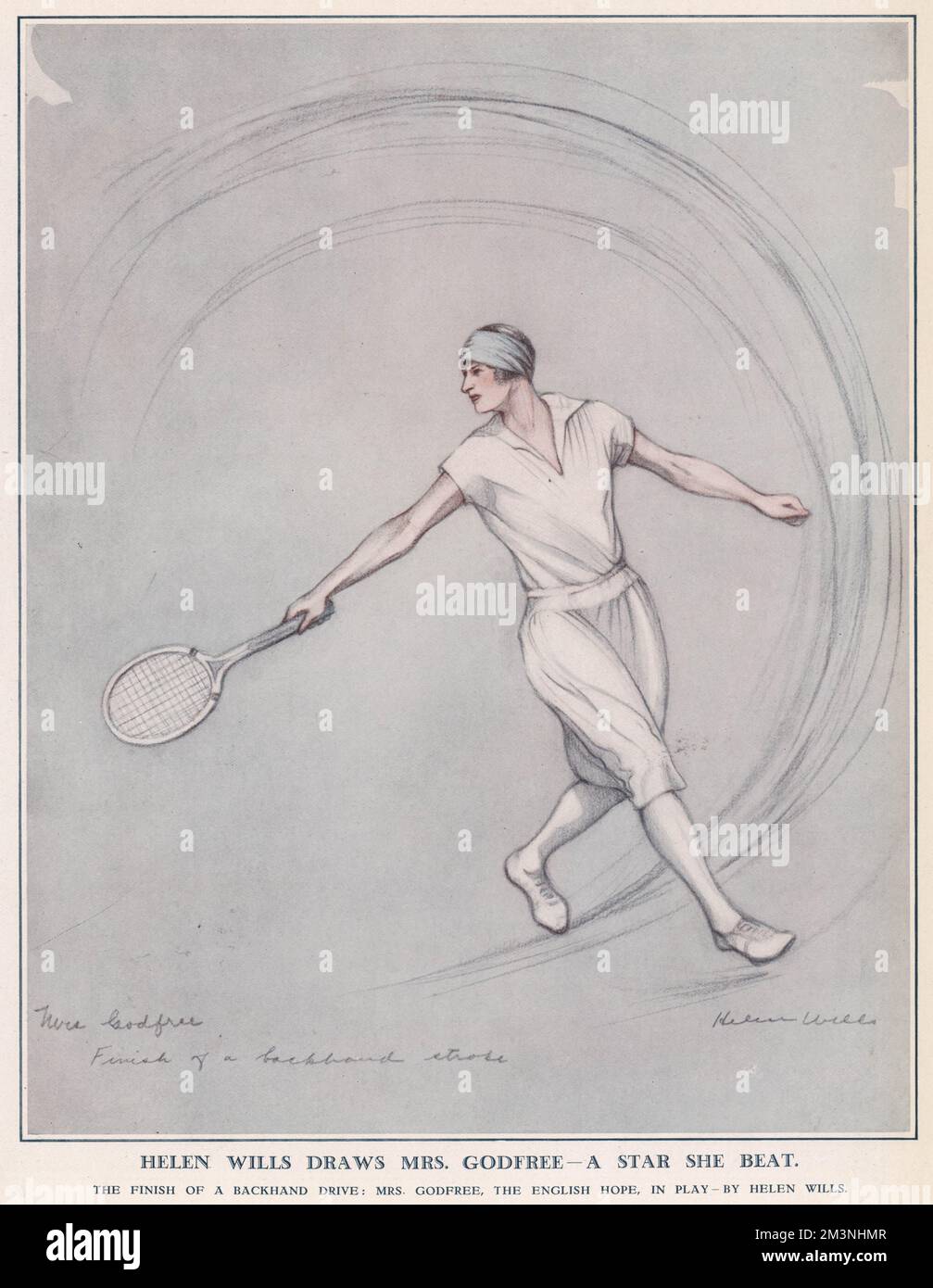 Une représentation de Mme Kitty Godfree (née McKane), joueur de tennis anglais, par un joueur rival, l'américaine Helen Wills. Les deux apparaissaient à Wimbledon. Godfree vient de terminer une conduite à main levée. Date: 1927 Banque D'Images