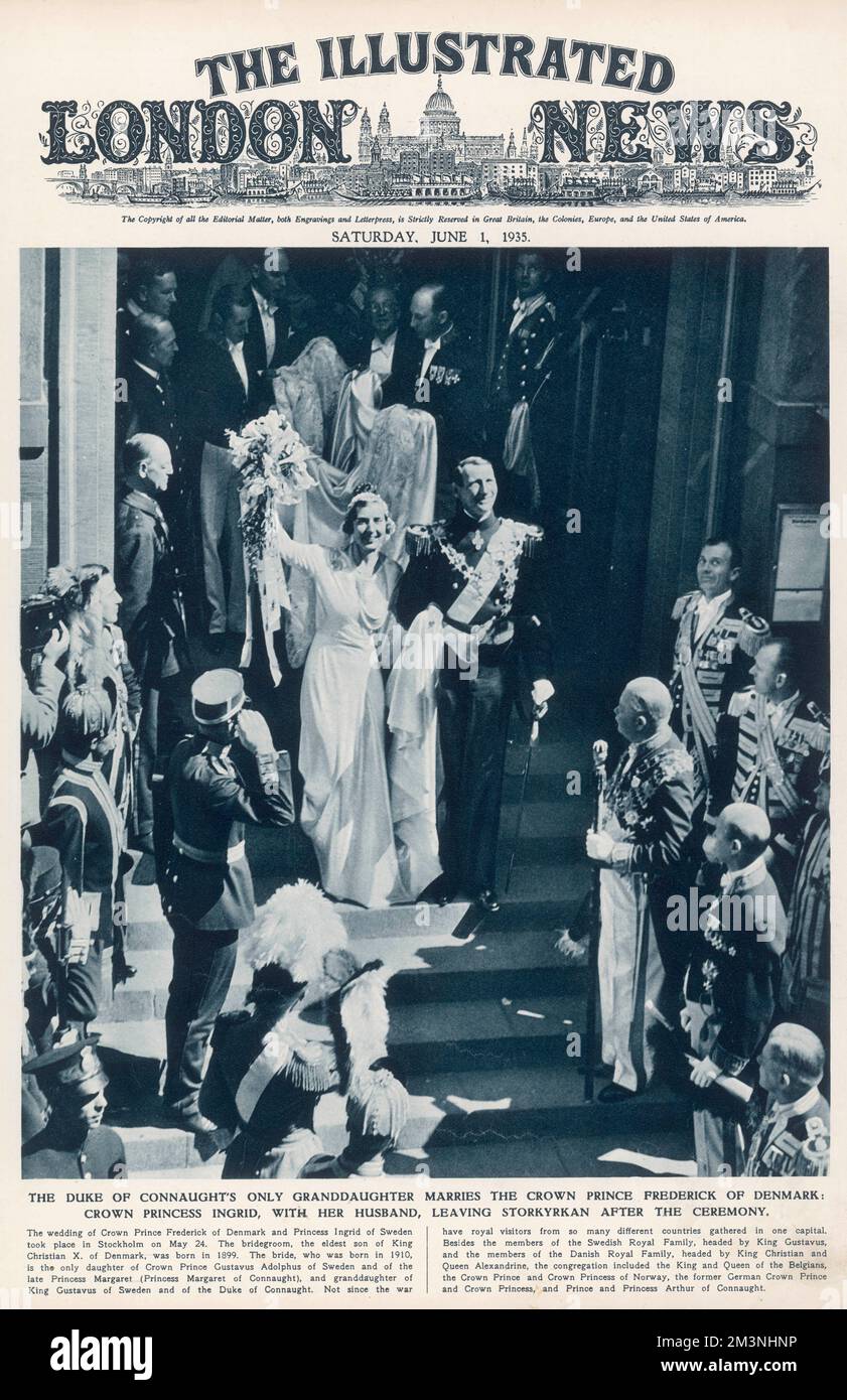 Le mariage du prince héritier Frederick du Danemark et de la princesse Ingrid de Suède, qui a eu lieu à Stockholm le 24th mai 1935. Le marié était le fils aîné du roi Christian X du Danemark et la mariée était la seule fille du prince héritier Gustavus Adolphus de Suède et de la princesse Margaret de Connaught. 24th mai 1935 Banque D'Images
