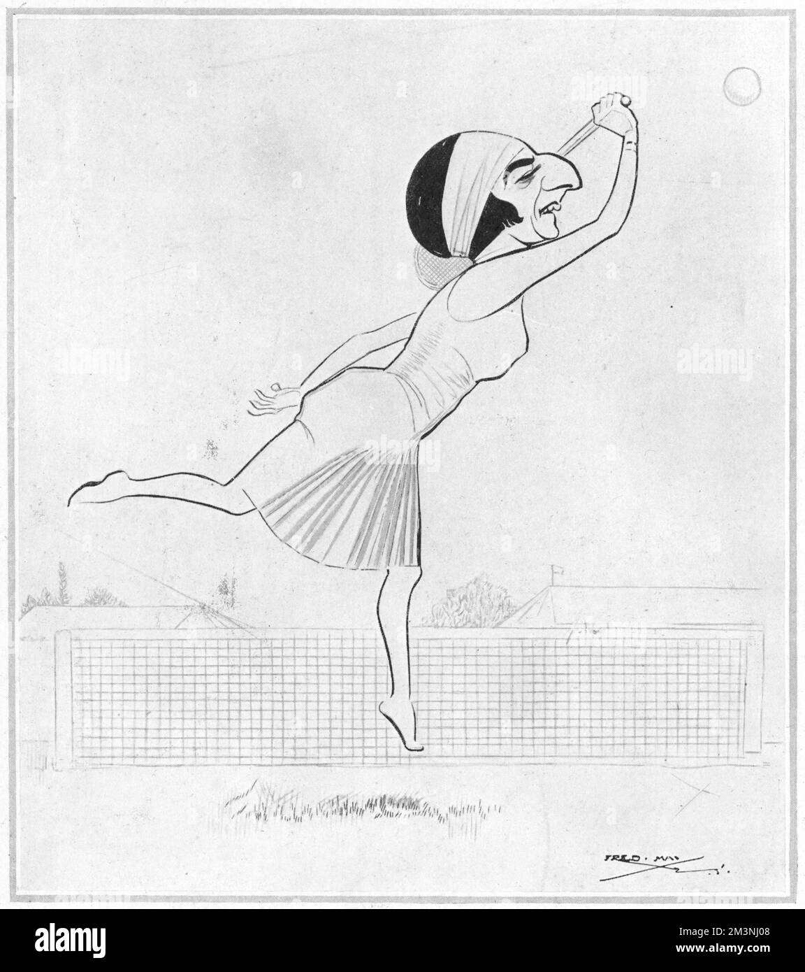 Suzanne Lenglen (1899-1938), joueuse et championne de tennis française, gagnante de 81 titres simples, 73 doubles et 11 doubles mixtes capturés par le caricaturiste Fred May portant son bandeau caractéristique et jouant un coup de balle. Date: 1925 Banque D'Images