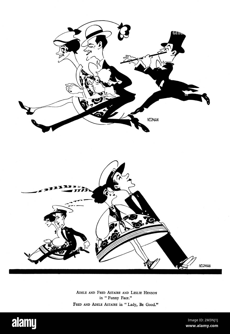 Caricature de frère et de soeur danse acte, Fred et Adele Astaire dans les spectacles «Lady be good» et «drôle de visage», rejoints par Leslie Henson. Adele prend sa retraite de la danse en 1932 lorsqu'elle épouse Lord Charles Cavendish, deuxième fils du duc de Devonshire de 9th, tandis que Fred se dirige vers Hollywood avec son nouveau partenaire de danse, Ginger Rogers. Date: 1920s Banque D'Images