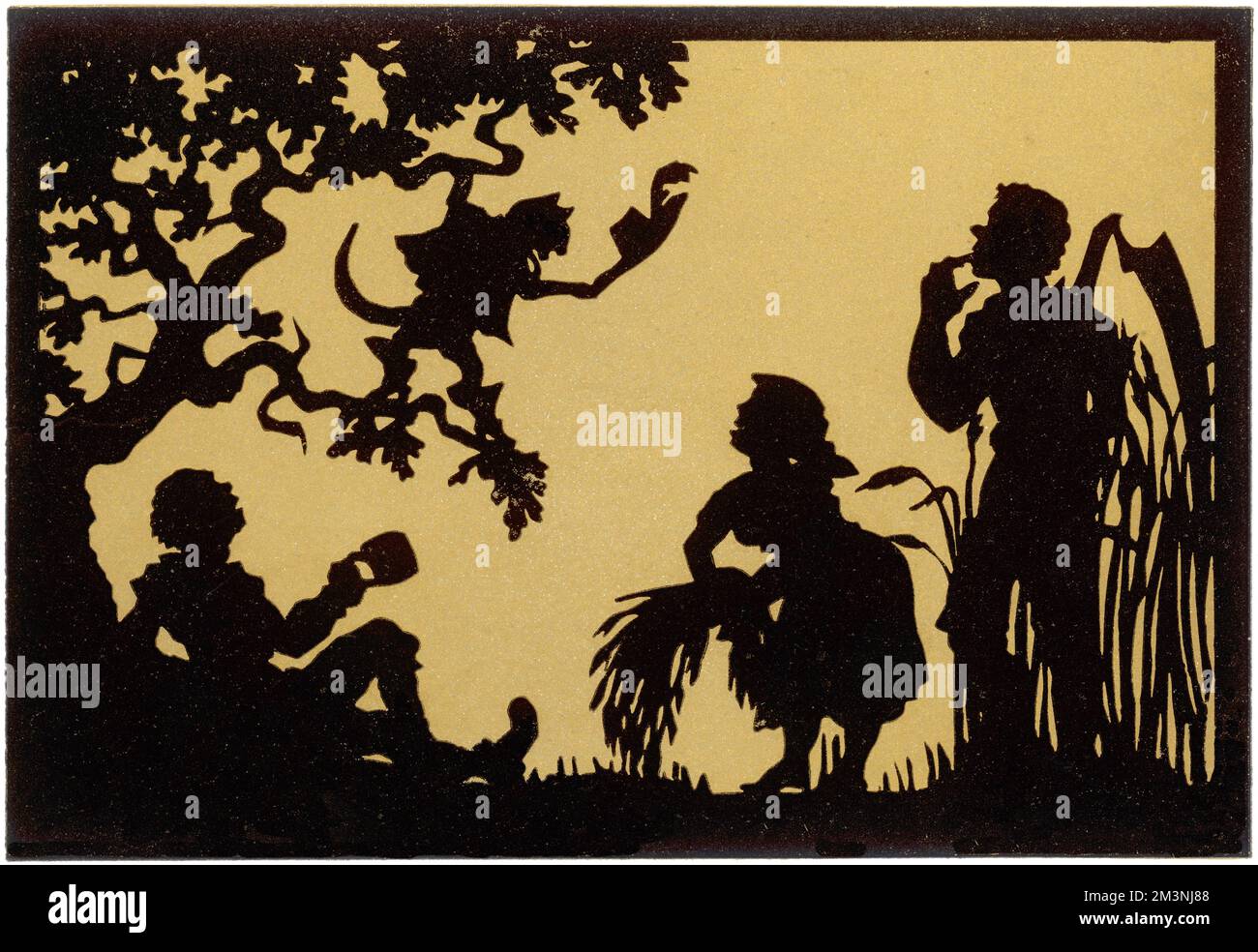 Puss in Boots parle aux faucheurs d'un pré Banque D'Images