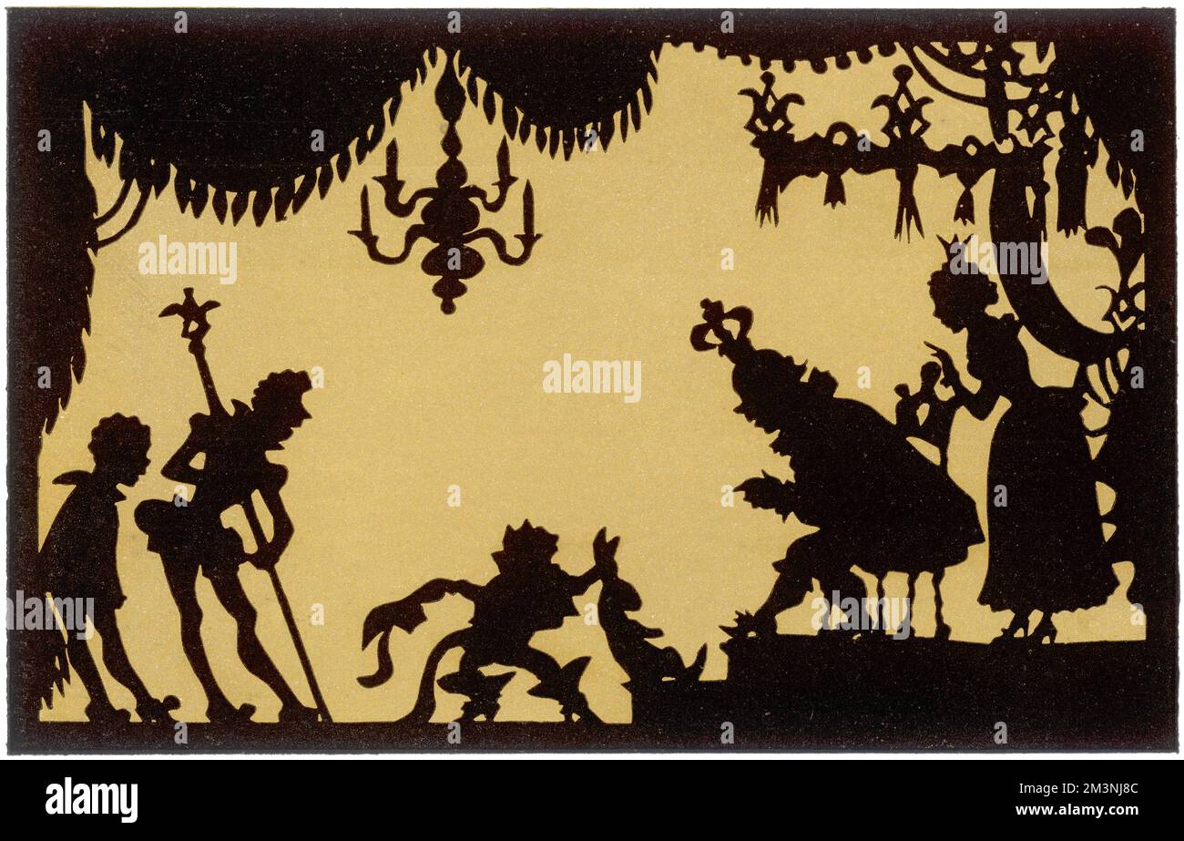 Pouss in Boots présente un cadeau d'un lapin de son Maître au Roi. Illustration d'un conte de fées par Charles Perrault, publié pour la première fois en 1697. Date: 1959 Banque D'Images