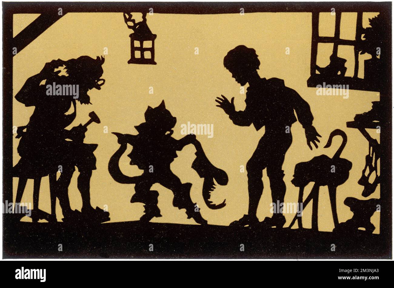 Puss essaie ses nouvelles bottes au Cobbler's Shop Banque D'Images