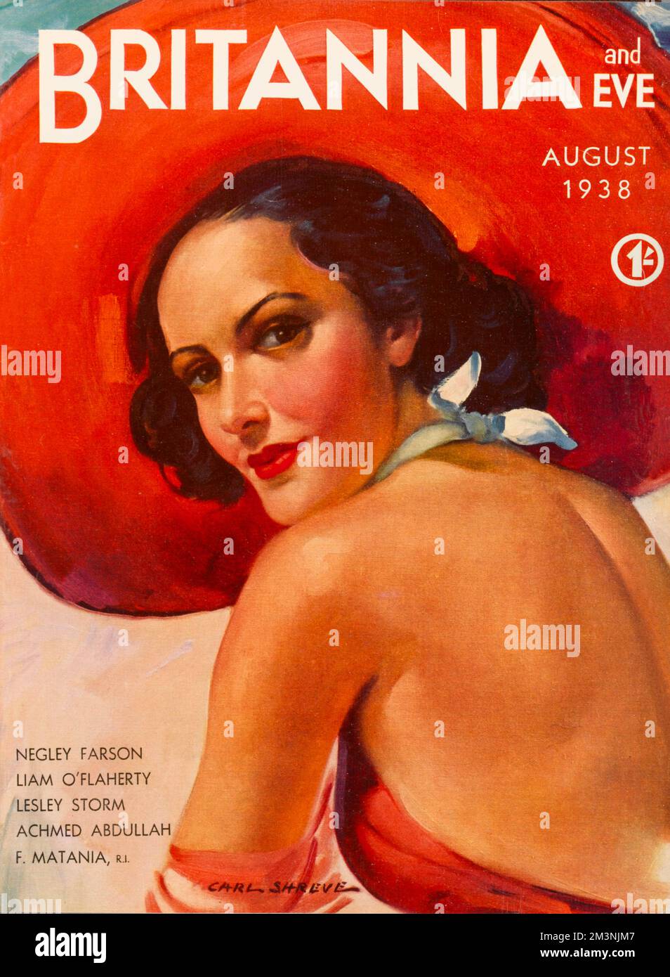 Illustration de la couverture avec une belle femme brune portant un énorme chapeau rouge et un maillot de bain assorti. Date: 1938 Banque D'Images