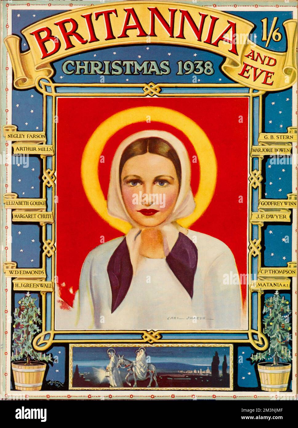 Illustration de la couverture avant avec un modèle à l'aspect Saint, tous vêtus de blanc, avec des cheveux balayés vers l'arrière et cachés sous un foulard; Date: 1938 Banque D'Images